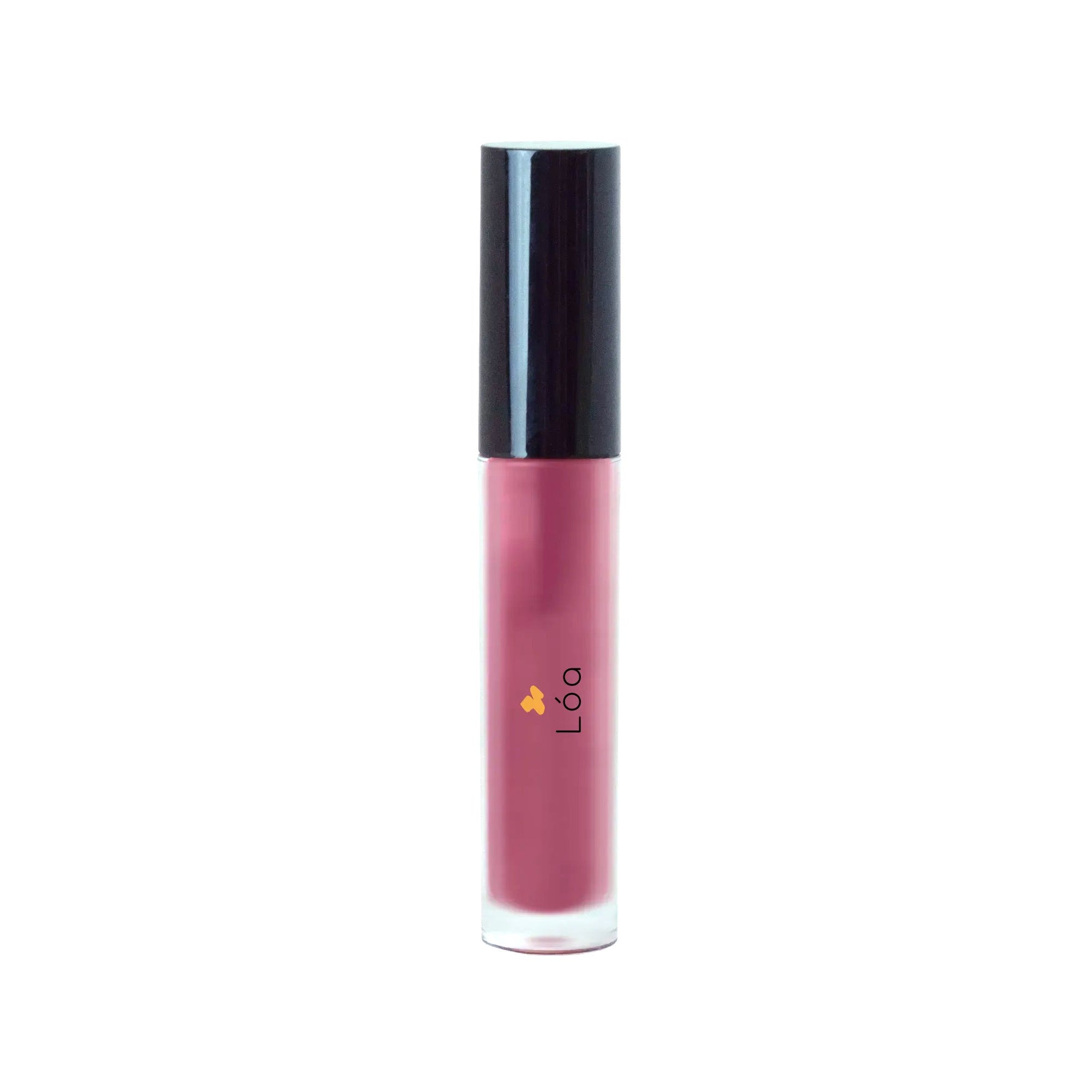 Lip gloss with black cap and visible brand logo on a white background
