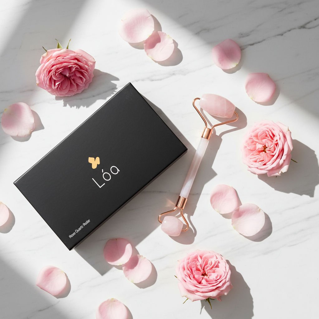 Face Roller Rose Quartz - Lifestyle Flat Lay