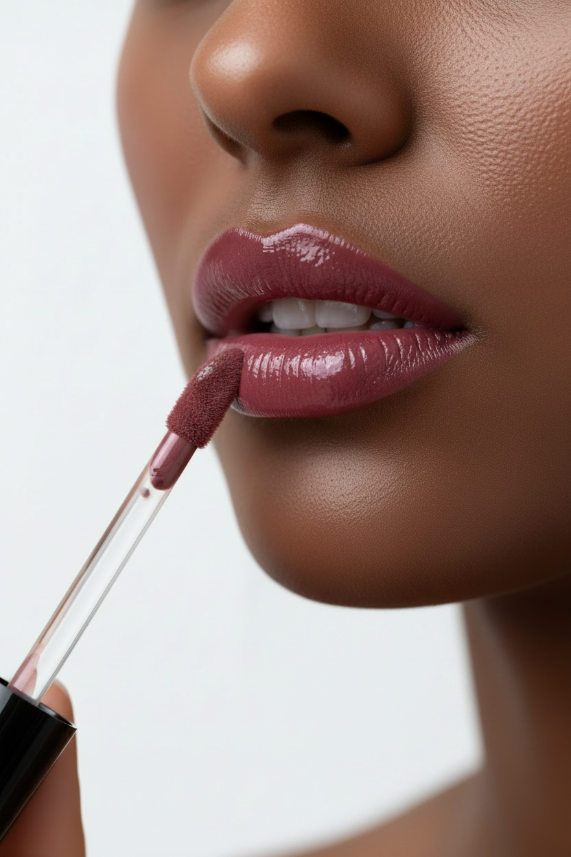 Female Model Dark Skin - Liquid Lip Gloss Plum